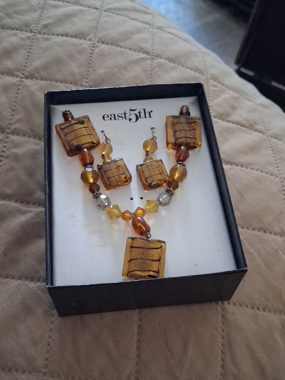 East 5th Amber and Gold Glass Bead Necklace with Matching Earrings Vintage